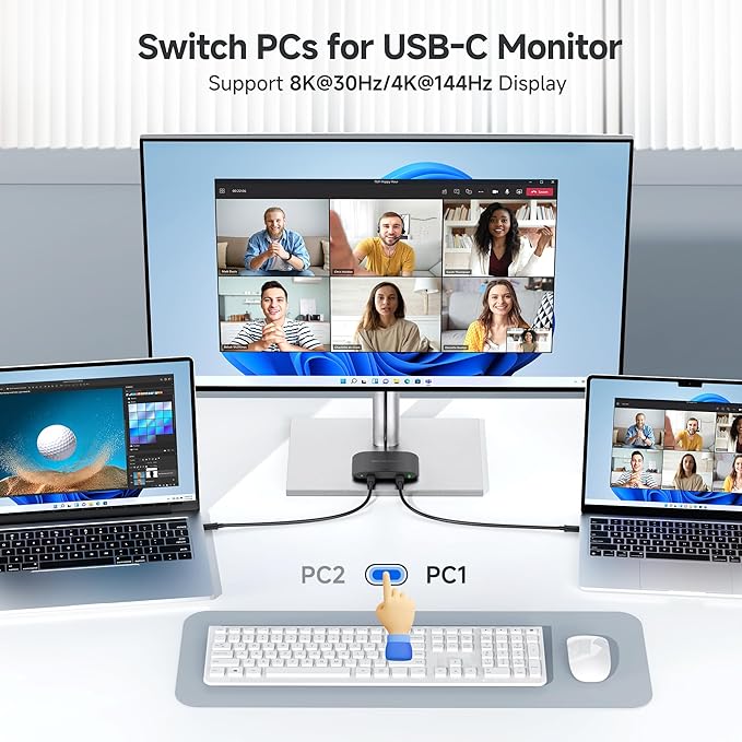 Cable Matters 20Gbps USB C Switch for 2 Computers, Up to 8K@30Hz on Windows, 4K@60Hz on macOS, 140W PD, for Sharing a USB-C/Thunderbolt 4 Monitor or Dock (Not Work with Captive Cable Docks), Black