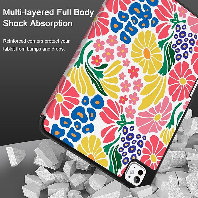 MEEgoodo Case for M5 iPad Pro 11 inch 2025/M4 iPad Pro 11 inch Case 2024, Tablet Cover with Trifold Stand & Pencil Holder & Auto Wake/Sleep & Soft TPU Back Cover, Groovy Flower