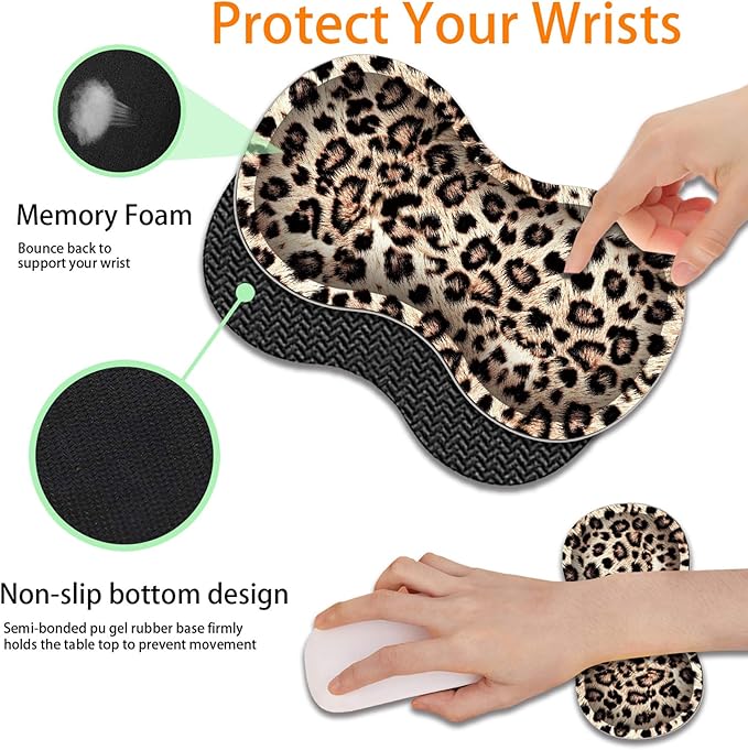 Durable Desk Mat + Wrist Rest Pad + Coasters Set, Large Gaming Office Mouse Pad 31.5 "x 11.8", Extended Non-Slip Rubber Keyboard Pad, Laptop & Home, Leopard Print Pattern