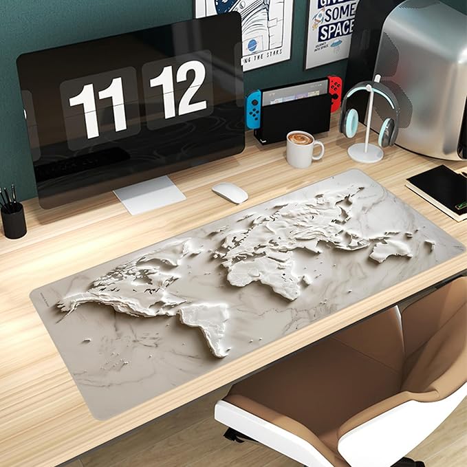 White Marble World Map Desk Pad – Large Mouse Mat for Keyboard and Mouse, Topographic Non-Slip Surface for Desktop