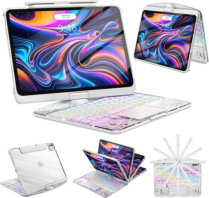 SIBEITU Keyboard Case for iPad Pro 13 Inch M5 2025 / M4 2024, Clear Wireless Keyboard iPad Pro 13inch Cover with Multi-Touch Trackpad, 7-Color Backlight & 3-Brightness, Visible PCB Tech Design, White