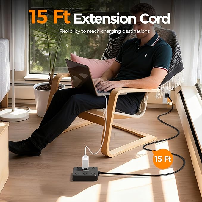 TESSAN 15Ft Black Extension Cord with Multiple Outlets, Surge Protector Power Strip with 6 Outlets and 4 USB Ports (2 USB C), 2100 Joules Protection, Flat Plug, Outlet Extender for Home, Office, Dorm