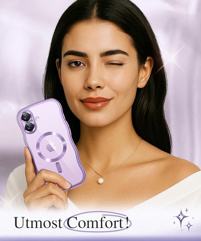 GVIEWIN for iPhone 17 Case Compatible with MagSafe, Upgraded [Full Camera Protection][Cute Wave Frame][Military Grade Protection] Electroplated Hard Phone Cover for Women Girl, Clear/Lilac Purple