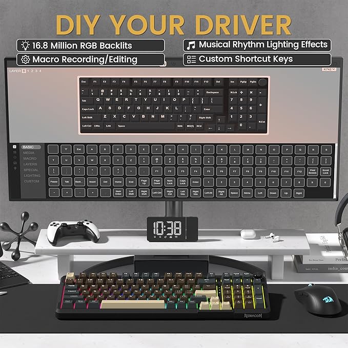 Redragon K742 Wireless Mechanical Gaming Keyboard with Knob, Bluetooth 5.0/2.4GHz/USB C Wired Creamy Keyboard with Number Pad for PC Computer, RGB Backlits, Hot-Swappable with Linear Switches (Brown)
