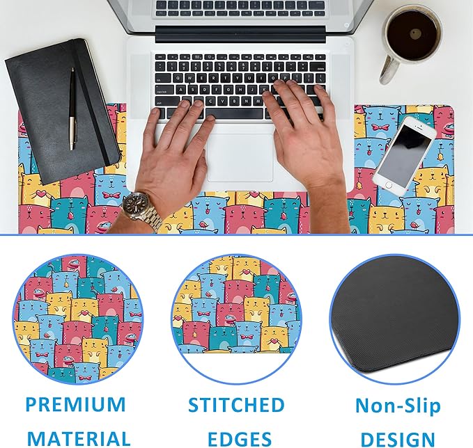 Kawaii Colorful Cats Desk Mat,Large Gaming Mouse Pad,Non-Slip Rubber Base Desk Pad with Stitched Edges for Desk Office Home Decor 35.4X15.7 Inch
