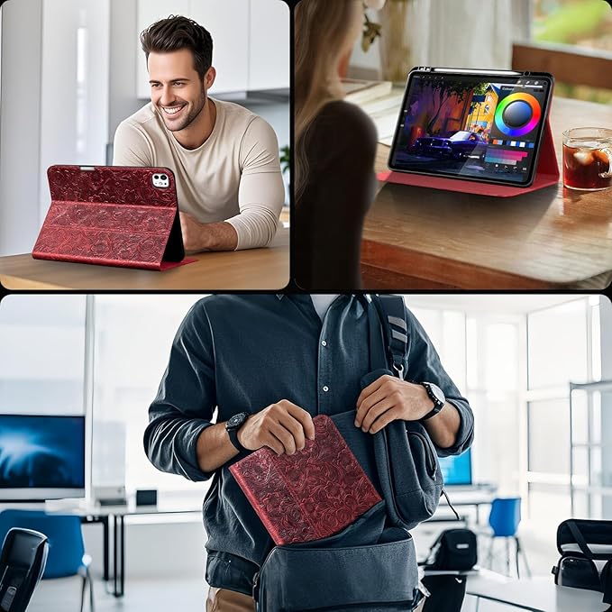 Gexmil Genuine Leather Case for iPad Pro 13 Inch (M5/M4) 2025/2024 with Pencil Holder,Protective Shockproof Smart Leather Folio Cover Adjustable Stand Auto Sleep/Wake,Floral Red