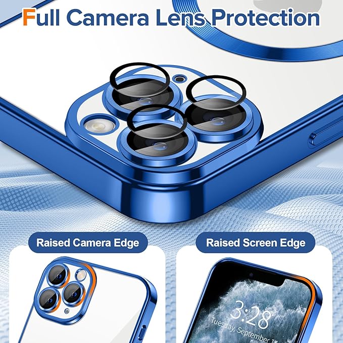 Hython Magnetic Clear for iPhone 11 Pro Max Case with Camera Lens Protector [Compatible with MagSafe] Plating Edge Slim Soft TPU Cover Protective Phone Case for iPhone 11 Pro Max 6.5", Deep Blue