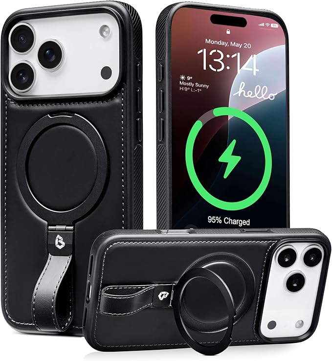 Butaiga for iPhone 17 Pro Leather Case with Stand, Anti-Slip Grip Ring, Fits for MagSafe (Black, iPhone 17 Pro)