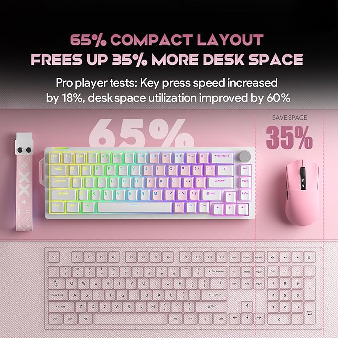 68% Wired Gaming Keyboard with Volume Knob, RGB Backlit, Mechanical Keyboard Gasket Mount with PBT Keycaps,8000 Hz Polling Rate, Hall Effect Cream Switches, Hot-Swap, for FPS Games (White+Pink)