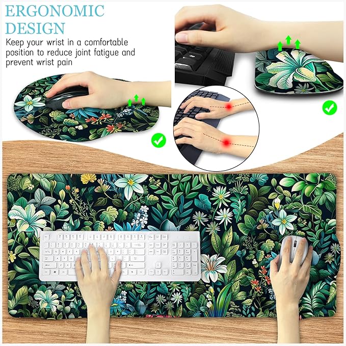 LIMKRIAN Floral Mouse Pad Large Desk Mat Set, Green Ergonomic Mouse Pad with Wrist Rest Keyboard Wrist Support XXL Mousepad Cup Coaster Set, Cute Green Office Desk Accessories Decor Supplies