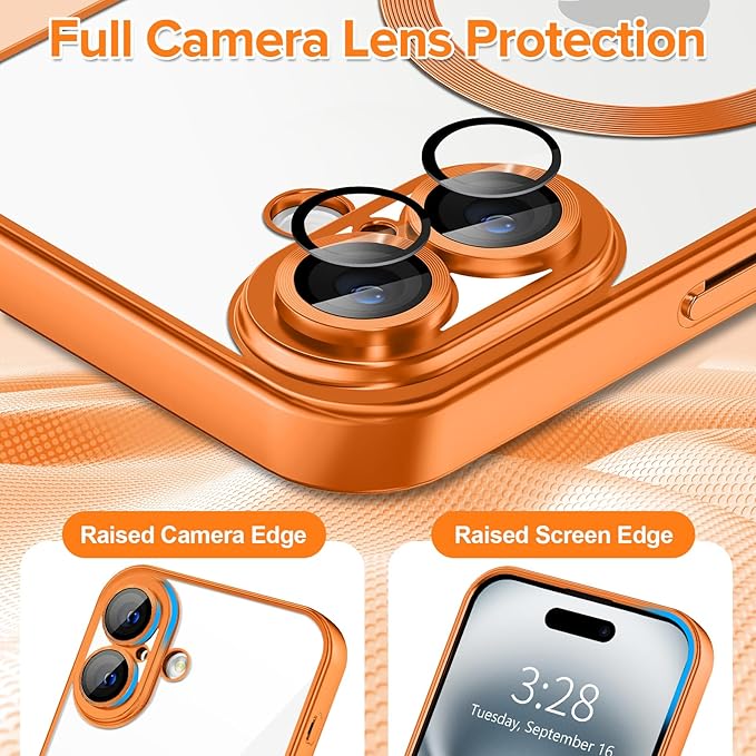 Hython Magnetic Clear for iPhone 16 Plus Case with Camera Lens Protector [Compatible with MagSafe] Luxury Plating Edge Slim Soft TPU Cover Protective Phone Case for iPhone 16 Plus 6.7", Matte Orange