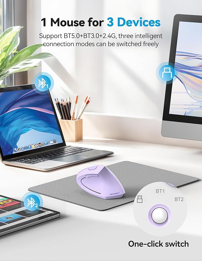 TECKNET Ergonomic Mouse, Rechargeable 2.4G+Bluetooth Vertical Mice 6 DPI Adjustable, Wireless Optical Carpal Tunnel Mouse Right Hand, Multi Device for Laptop, PC, Computer, MacBook - Light Purple
