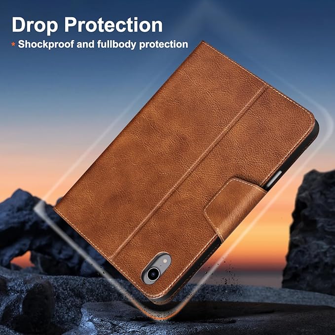 Gexmil Premium Leather Case for iPad mini 7 (A17 Pro) 2024 / iPad mini 6 Generation 2021 8.3 Inch,Pencil Holder, Magnetic Closure,Shockproof Cowhide Cover,Adjustable Stand,Vegetable Tanned Brown