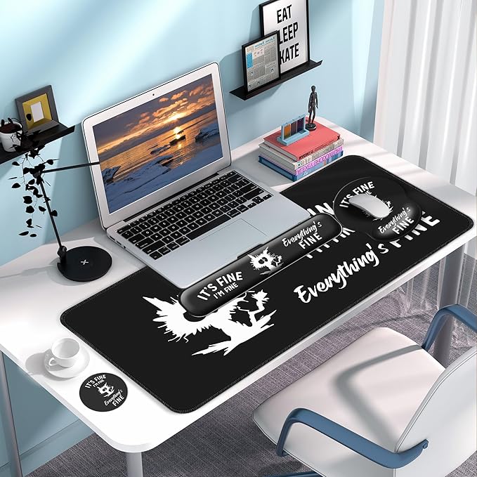 Desk Mat Set + Keyboard and Mouse Pad with Wrist Rest Support,4-in-1 Large Mousepad Computer Mats for Desktop Home & Office-It's fine I'm fine Everything is fine