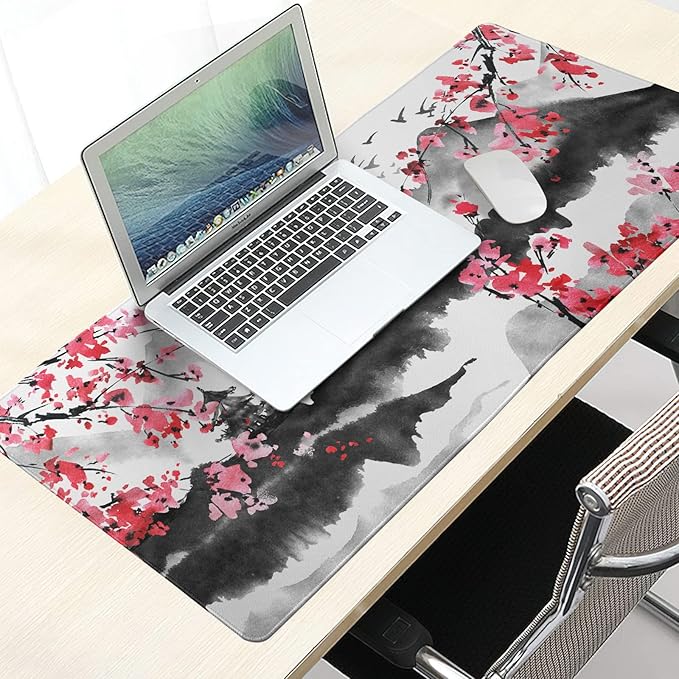 Japanese Cherry Blossom Mouse Pad 35.4 X 15.7 Inch XXL Full Desk Pink Watercolor Art Cool Design Gaming Mousepad Extended Large Non-Slip Rubber Base Keyboard Mat with Stitched Edges