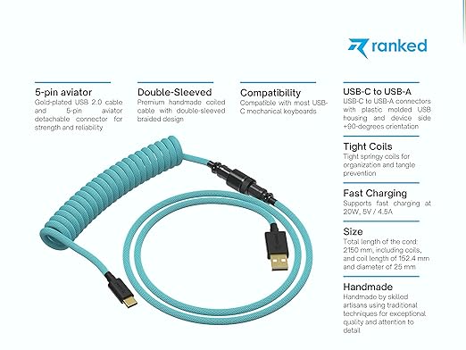 Ranked Coiled Keyboard Cable | Handcrafted Double-Sleeved Braided Cable | USB Type C to A | 5-Pin Aviator Connector for Custom Mechanical Gaming Keyboard | Support Fast Charge 20W (Ranked Blue)