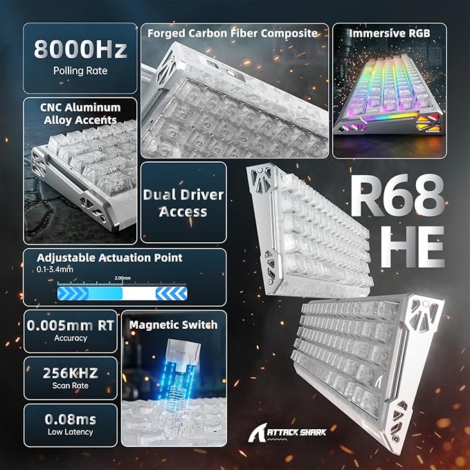 ATTACK SHARK R68HE 60% Wired Rapid Trigger 8K Mechanical RGB Gaming Keyboard with 0.005mm Accuracy,0.08ms Latency,256K Scan,Hall Effect Magnetic Switch,Carbon Fiber+CNC Aluminum Alloy for PC FPS(Ice)