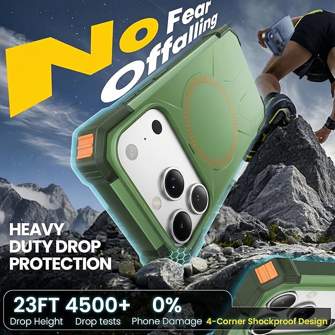 3 in 1 for iPhone 17 Pro Max Case,[1 Screen Protector & 1 Camera Lens Protector ],7X Military-Grade Drop Protection ,Fits MagSafe ,Tough, Rugged & Durable for Heavy Duty iPhone 17 Pro Max Case, Green