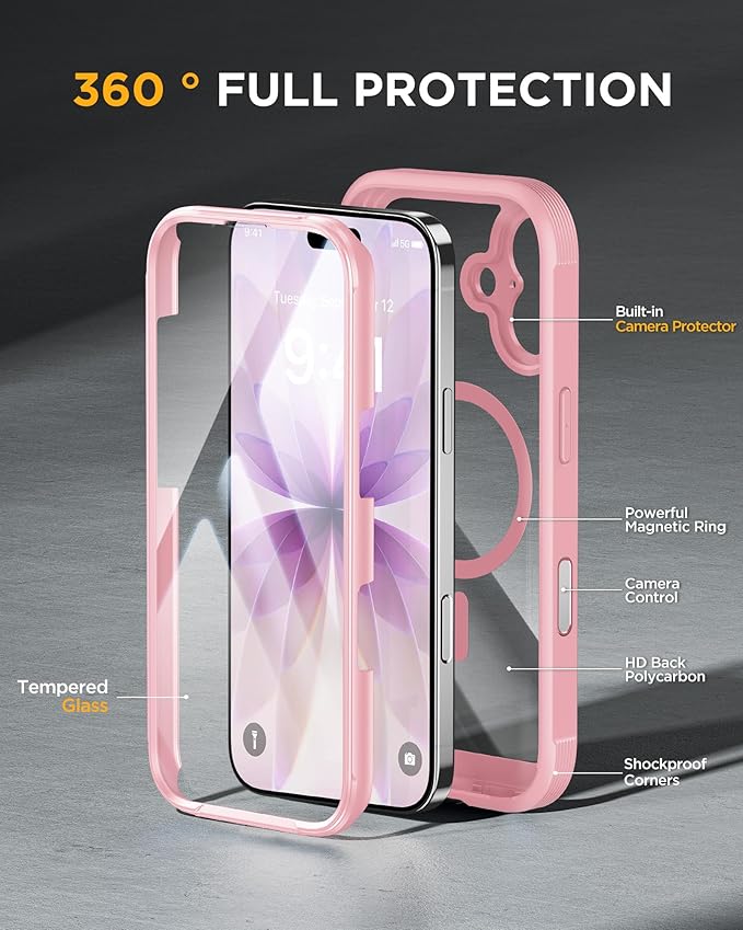 Miracase for iPhone 17 Case 6.3'', Full-Body Military Grade Drop Protection Outdoor Phone case with Built-in Glass Screen &Camera Control,Easy Installation,No Gap,Compatible with MagSafe, Pink