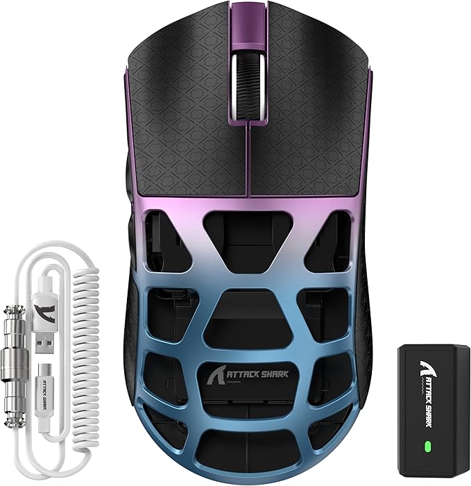 FELICON x Attack Shark R3 Magnesium Alloy Wireless Gaming Mouse, 46g Ultra-Lightweight Skeletal Shell, PAW3395 26K DPI, 8K Polling, Tri-Mode 2.4G/BT/Wired, for PC Mac Laptop - Purple & Griptape