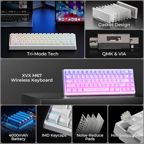 HITIME XVX M67 Wireless 60% Percent Keyboard, QMK/VIA Topographic Gaming Keyboard, Tri-Mode Thocky Creamy Mechanical Key Board, Hot Swappable Gasket Mount RGB IMD Tech for Win/Mac, Miami Theme, White