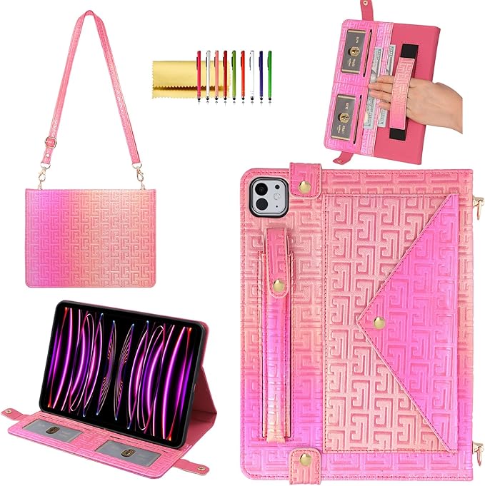 Shiny Case for iPad Pro 12.9" 6th/5th/4th Gen & iPad Air 13-inch Handbag w/Hand Strap, Techcircle Crossbody Iridescent Folio Stand Wallet Case w/Pencil Holder+Shoulder Strap, Shiny Rose Pink