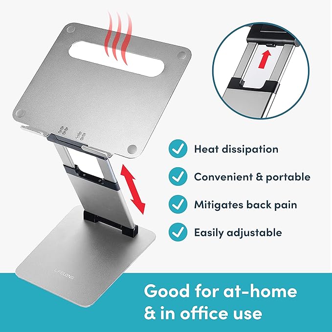 Lifelong Laptop Stand for Desk, Ergonomic Sit to Stand Premium Aluminum Laptop Holder, Adjustable Height from 2.1" to 20", Compatible with MacBook, All Laptops Tablets 11-17" - Silver