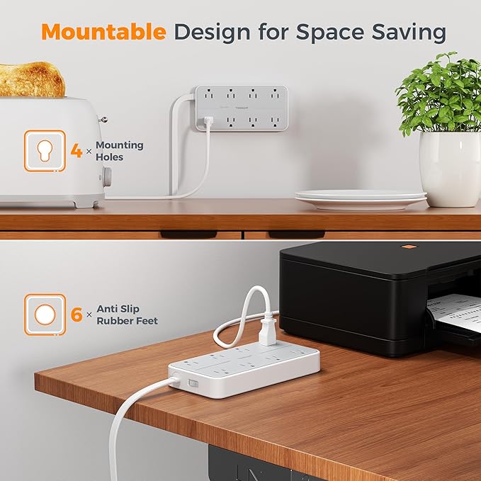 TESSAN Power Strip Surge Protector, 6FT Flat Plug Extension Cord with 8 Outlets 3 USB Charger(1 USB C), 1080 Joules Protection, 1875W 15A, Wall Mountable Charging Station for Home Office Dorm, Gray