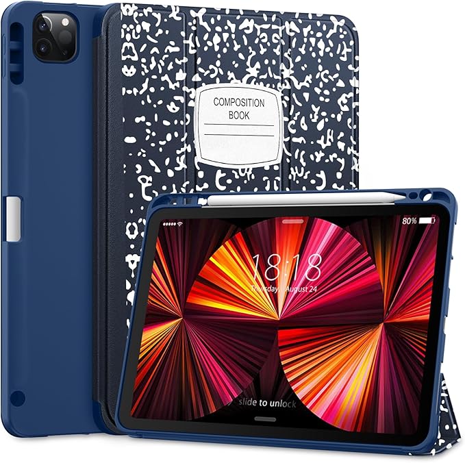 DTTO for iPad Pro 11 inch 4th/3rd/2nd/1st Generation 2022/2021/2020/2018 Case, Smart Slim Trifold Stand Soft TPU Back Cover with Built-in Pencil Holder, Also Fit iPad Air 5/4,Blue Book