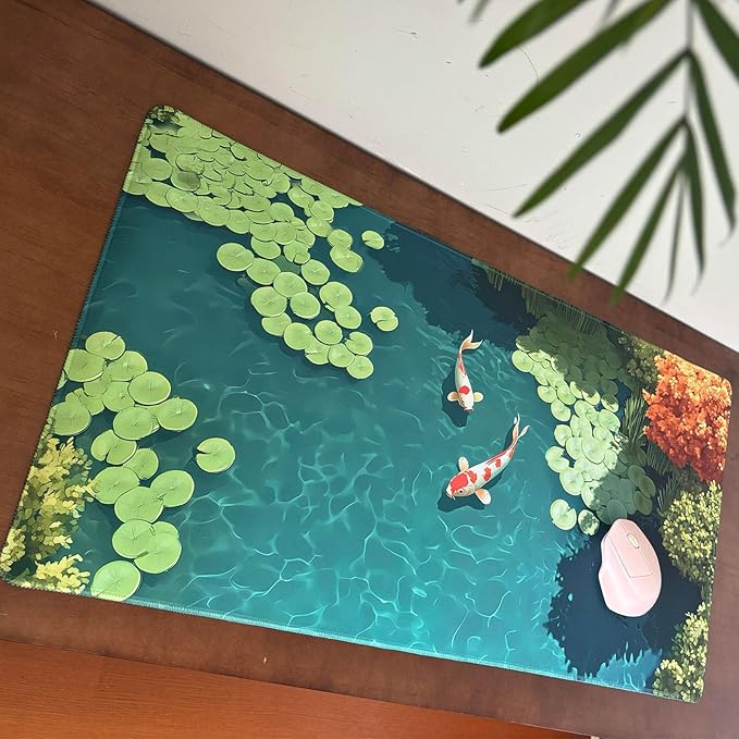 Japanese Koi Fish Desk Mat Pad XXL Large Lofi Serene Pond Playmat Gaming Mouse Pad Desktop Mat for Office,Computer,Keyboard,Laptop and Home 31.5 X 15.7inch