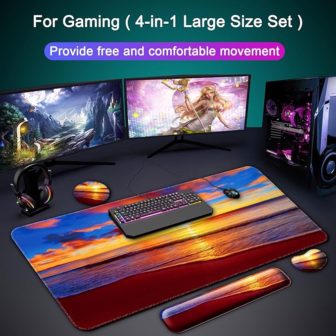 Keyboard Wrist Rest + Mouse Pad with Wrist Support + Desk Mat + Coaster 4 in 1 Set, XXL Large Gaming Mousepad Cute Ergonomic Mouse Pads for Desk Computer Laptop Office Decor-Sunset Beach