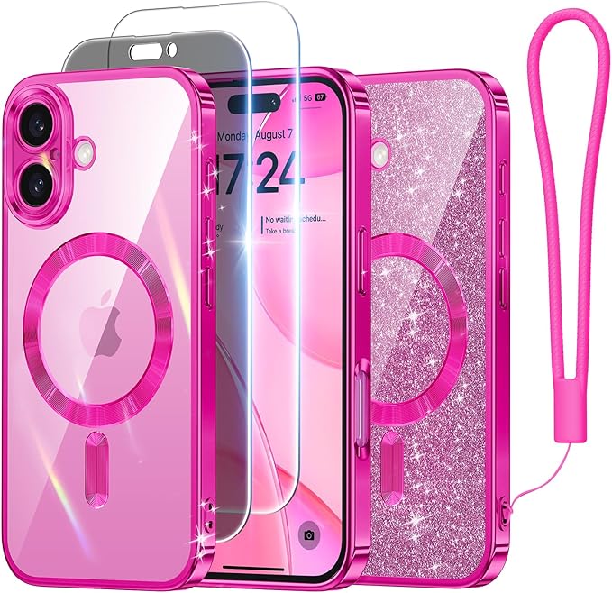 Meifigno Designed for iPhone 16 Plus Case 6.7’’, [Compatible with MagSafe] [1X HD+1X Privacy Screen Protectors] [Glitter Card & Wrist Strap] Surround Lens Protection for iPhone 16 Plus Case, Hot Pink