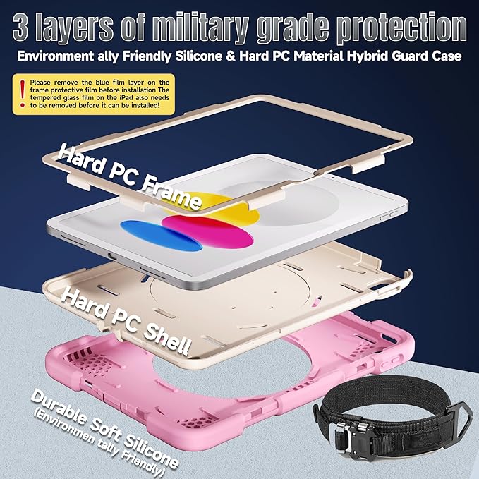 Andnary Case for iPad (A16) 11th /10th Generation 11/10.9 Inch 2025/2022 with Screen Protector/360° Rotate Stand/Shoulder Strap/Pencil Holder, Shockproof iPad 11th/10th Gen Cover (Pink+White)