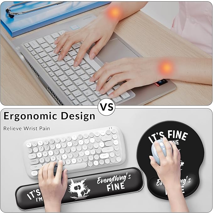 Desk Mat Set + Keyboard and Mouse Pad with Wrist Rest Support,4-in-1 Large Mousepad Computer Mats for Desktop Home & Office-It's fine I'm fine Everything is fine