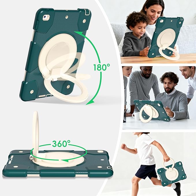 Andnary Case for iPad 9th/8th/7th Generation 10.2 inch, Shockproof Cover with Screen Protector/360° Rotate Stand/Pencil Holder/Shoulder Strap, Kids Case for iPad 2021/2020/2019 (Dark Green+White)