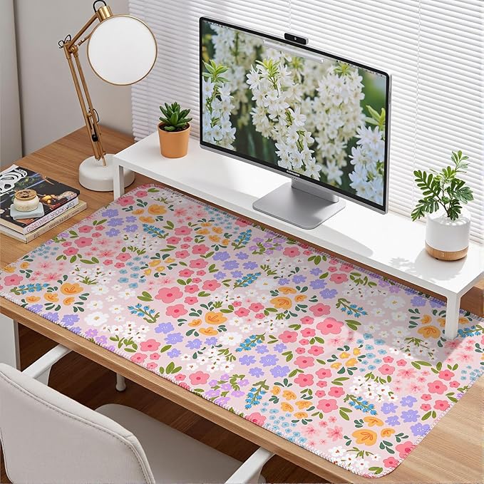 Pink Floral Mouse Pad XXL Large Desk Mat Computer PC Laptop Protector Gaming Mouse Pads Aesthetic Desk Decor for Women Girl
