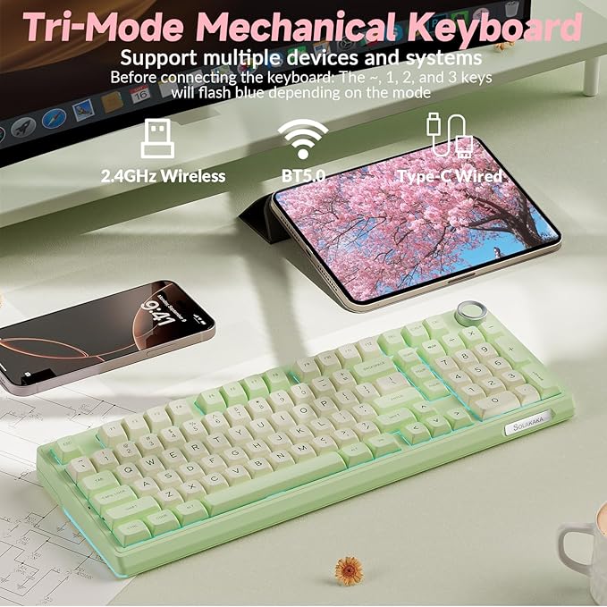 SOLAKAKA KI99 Pro Wireless Mechanical Keyboard Quiet Switch,Hot Swappable Pre-Lubed Switches Silent Keyboard with RGB Backlit,Gasket Structure Computer Gaming Keyboards(GreenWhite, Silent Switch)