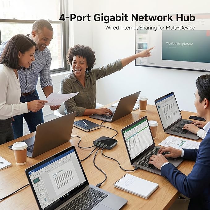 Cable Matters USB C to 4-Port Gigabit Ethernet Switch for Network Sharing on the Move, Thunderbolt Ethernet Splitter, USB C Gigabit Switch, Compatible with Thunderbolt 5/4