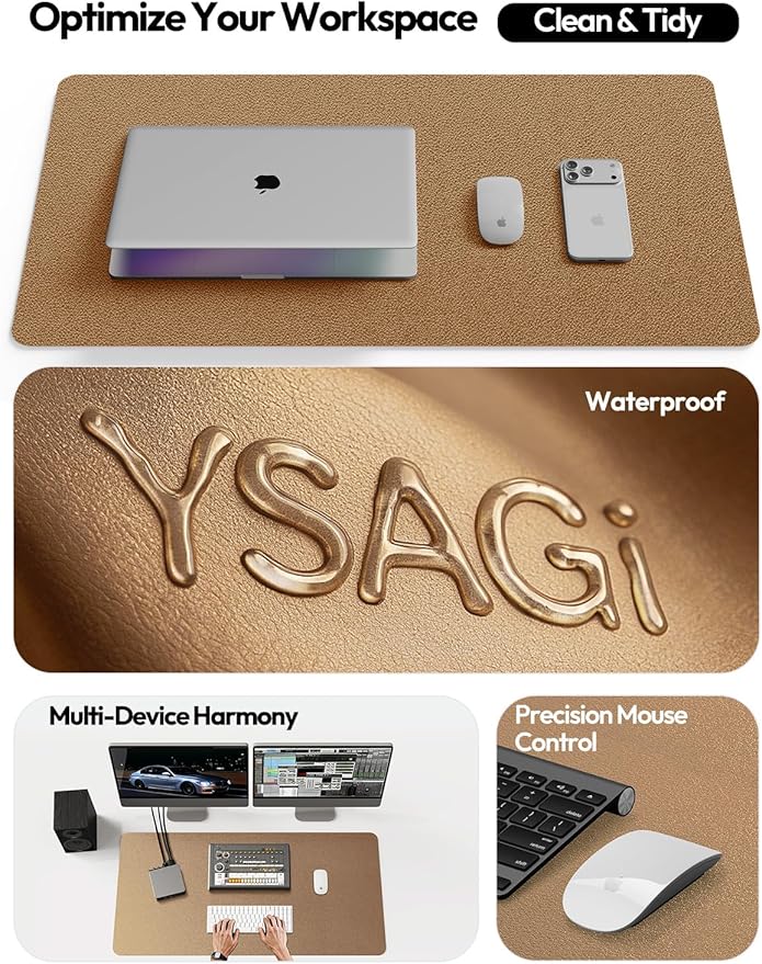 YSAGi Leather Desk Protector, Office Mat, Large Mouse Mat, Non-Slip PU Leather Blotter, Laptop Desk Pad, Waterproof Writing Pad for Office and Home (Bronze, 23.6" x 13.8")