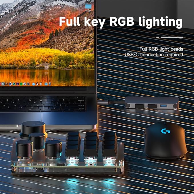 12 Keys Programmable Keyboard with 4-Knobs, One Handed Macro Pad, RGB Backlight Hot-swapping USB Designer Mini Keyboard for Gaming/Office/Work/PS