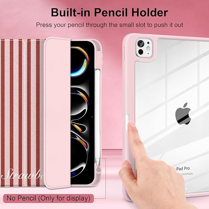 Case for iPad Pro 11 inch (M5) 2025 (M4) 2024 Release with Pencil Holder -Premium Shimmering Silk Texture Trifold Cover with Clear Back, Luxury Coquette Aesthetic Protective Skin, Red Striped