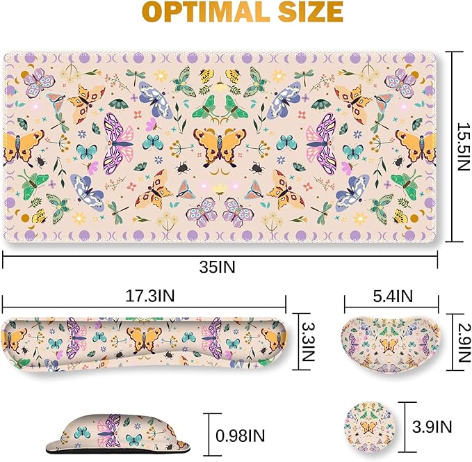 ARTSO Desk Mat Set, Apricot Extended Gaming Mouse Pad with Wrist Rest Support +Keyboard Wrist Rest +Coaster, Large Cute Butterfly Mousepad, Easy Typing and Pain Relief