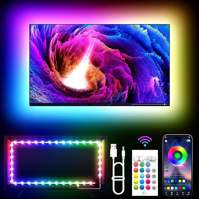 KANTUTOE TV LED Lights, 11.5ft LED Lights for 32-55 Inch TV, RGB TV Backlight Behind with Remote, Music Sync Bluetooth APP Control Strip Lights USB Powered for Bedroom, PC, Gaming Monitor