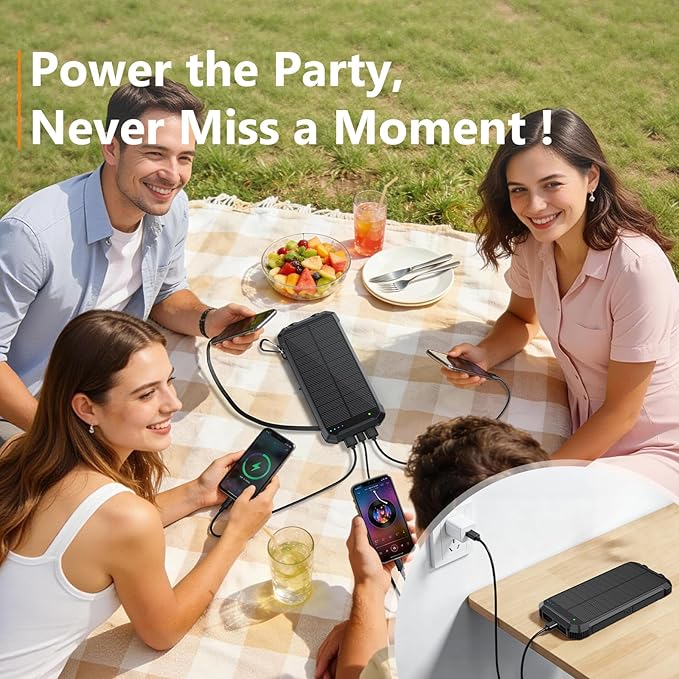 Solar Power Bank 20000mAh Wireless Portable Charger Built-in 3 Cables 15W USB-C Fast Charging Black Battery Pack Compatible with iPhone, Samsung, Emergency LED Flashlights Perfect for Camping, Hiking