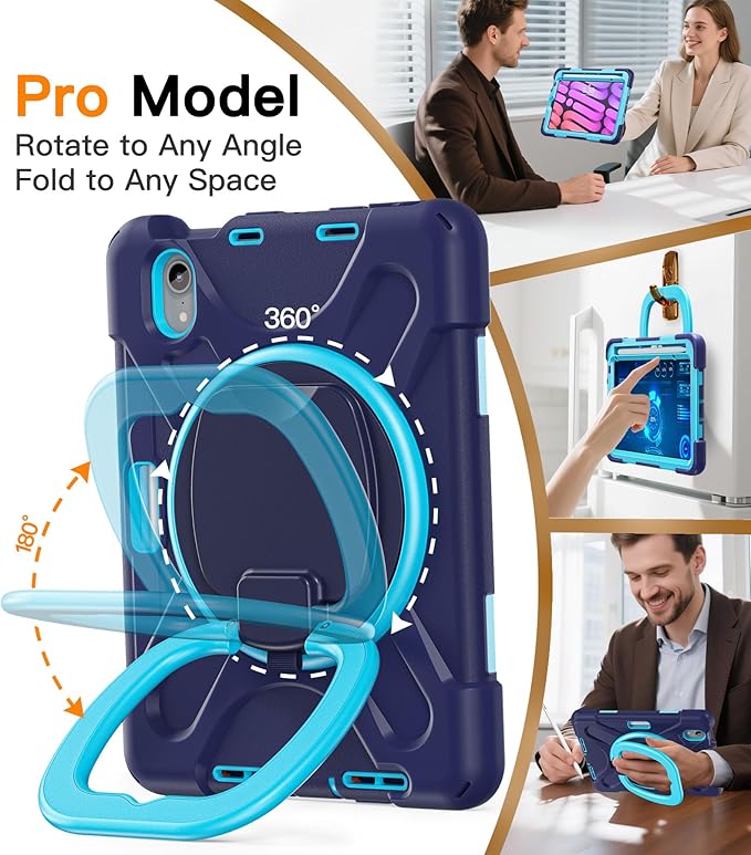 BATYUE Case for iPad mini 7 (A17 Pro) 2024/ iPad mini 6 (A15 Bionic) 2021 8.3 inch, Shockproof Case for iPad mini 7th/6th Gen with Pencil Holder/ 360° Swivel Stand/Shoulder Strap - Navy Blue