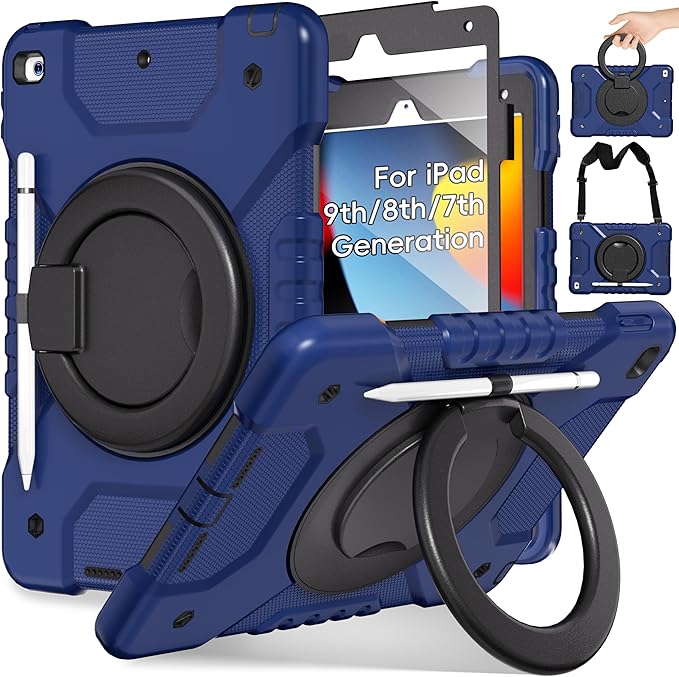 Andnary Case for iPad 9th/8th/7th Generation 10.2 inch, Shockproof Cover with Screen Protector/360° Rotating Handle/Bracket/Pen Holder/Shoulder Strap, Kids Case for iPad 2021/2020/2019 (Navy+Black)