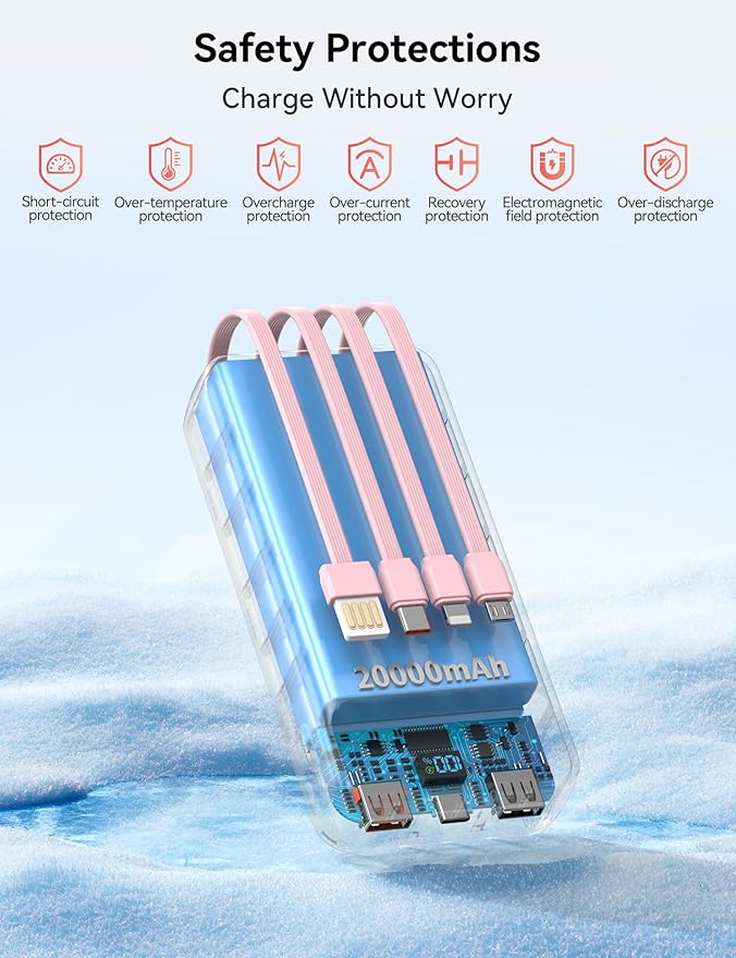 Portable Charger, 20000mAh 22.5W Fast Charging Power Bank with 4 Built-in Cables, Travel Essentials External Battery Pack with LED Display, 6 Outputs Charging Bank for iPhone, iPad, Samsung etc Pink