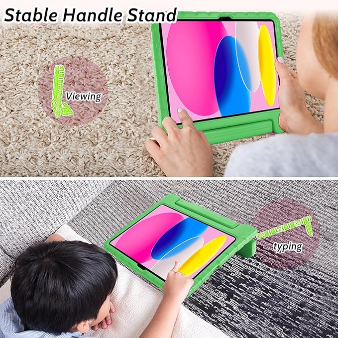 Dteck Kids Case for iPad 10th Gen 10.9" with Pencil Holder, Shockproof Rugged EVA Handle Stand Child Proof Case, Green