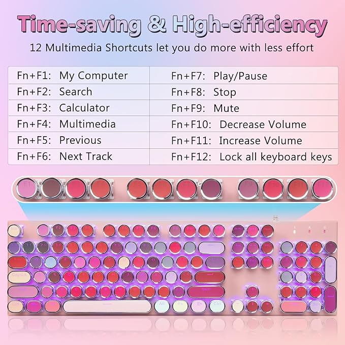 HUO JI Typewriter Mechanical Gaming Keyboard with RGB Sidelit and Purple LED Backlit, Retro Style, Red Switches, Metal Panel, Lipstick 104 Keys for Mac, PC, Cute Pink