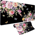 Pink Flower Desk Mat Mouse Pad Waterproof, Butterfly Floral XXL Extended Large Gaming Desk Pad Mousepad, Black Computer Laptop Keyboard Mouse Mat for Women Girls Work, Game, Office, Home 31.5x15.7 in